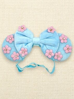 Elastic Pastel Blue Velvet Pink Floral Minnie Ears | Disney-Inspired Mouse Ears